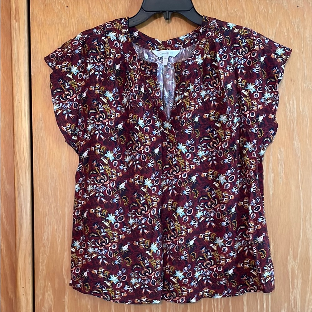Garnet Hill Ruffled Red and White Blouse with Mandarin Collar